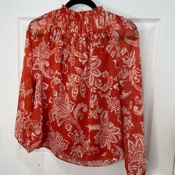 Evereve orange and white floral print long sleeve tie front top, size x small - Picture 10 of 12